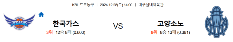 12.28(토) 14:00 KBL 대구 한국가스공사 페가수스 고양 소노 스카이거너스 농구 대구실내체육관