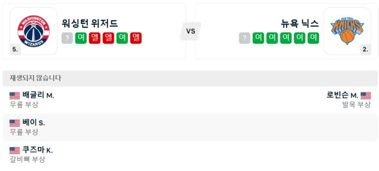 12.29(일) 09:00 NBA 워싱턴 위저즈 뉴욕 닉스 농구 캐피탈원아레나