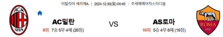 12.30(월) 04:45 세리에A AC 밀란 AS 로마 축구 주세페메아차스타디움