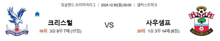 12.30(월) 00:00 프리미어리그 크리스탈 팰리스 FC 사우스햄턴 축구 셀허스트파크