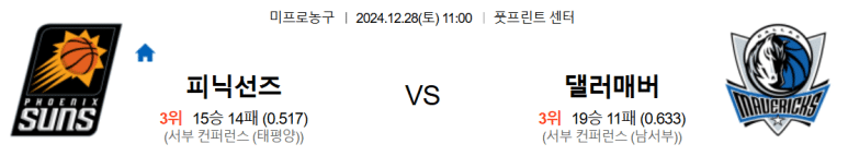 12.28(토) 11:00 NBA 피닉스 선즈 댈러스 매버릭스 농구 풋프린트 센터