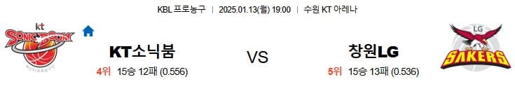 01.13(월) 19:00 KBL 수원 KT 소닉붐 창원 LG 세이커스 농구 수원 KT 아레나