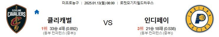 01.13(월) 08:00 NBA 클리블랜드 캐벌리어스 인디애나 페이서스 농구 로켓모기지필드하우스