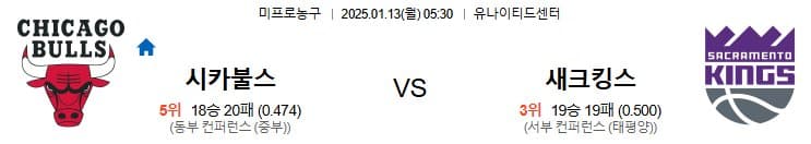 01.13(월) 05:30 NBA 시카고 불스 새크라멘토 킹스 농구 유나이티드센터