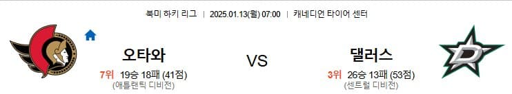 01.13(월) 07:00 NHL 오타와 세너터스 댈러스 스타스 하키 아메리칸에어라인스센터