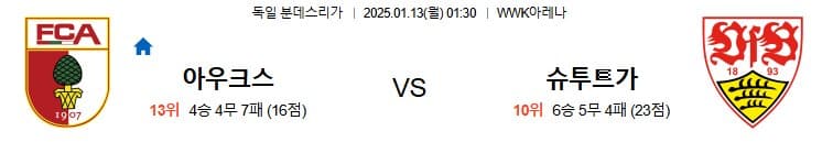 01.13(월) 01:30 분데스리가 아우크스부르크 VfB 슈투트가르트 축구 WWK아레나