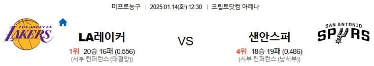 01.14(화) 12:30 NBA LA 레이커스 샌안토니오 스퍼스 농구 크립토닷컴 아레나