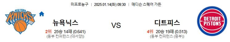 01.14(화) 09:30 NBA 뉴욕 닉스 디트로이트 피스톤스 농구 매디슨 스퀘어 가든