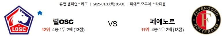 01.30(목) 05:00 챔피언스리그 릴 OSC 페예노르트 로테르담 축구 피에르 모루아 스타디움