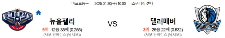 01.30(목) 10:00 NBA 뉴올리언스 펠리컨스 댈러스 매버릭스 농구 스무디킹 센터