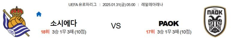 01.31(금) 05:00 유로파리그 레알 소시에다드 PAOK 테살로니키 축구 레알레아레나