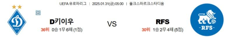 01.31(금) 05:00 유로파리그 디나모 키이우 FK RFS 축구 크스파르크스타디움