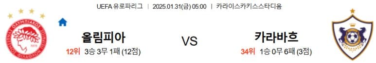 01.31(금) 05:00 유로파리그 올림피아코스 카라바흐 FK 축구 카라이스카키스스타디움