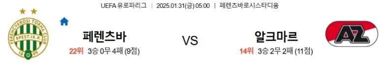 01.31(금) 05:00 유로파리그 페렌츠바로시 TC AZ 알크마르 축구 페렌츠바로시스타디움