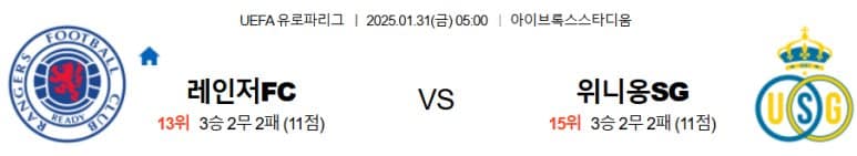 01.31(금) 05:00 유로파리그 글라스고 레인저스 우니온 생길루즈 축구 아이브록스스타디움