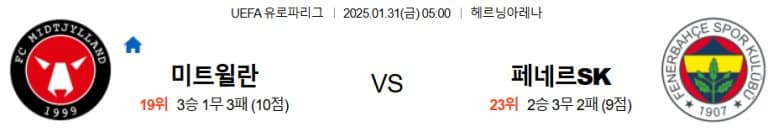 01.31(금) 05:00 유로파리그 FC 미트윌란 페네르바체 SK 축구 헤르닝아레나