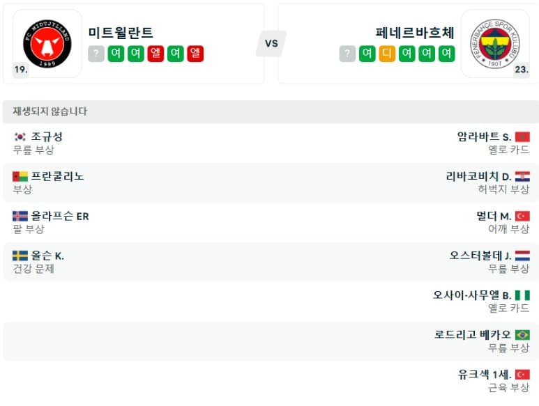 01.31(금) 05:00 유로파리그 FC 미트윌란 페네르바체 SK 축구 헤르닝아레나