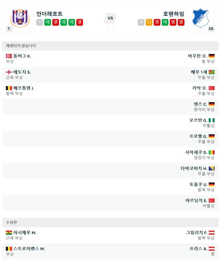 01.31(금) 05:00 유로파리그 안더레흐트 TSG 1899 호펜하임 축구 안더레흐트스타디움