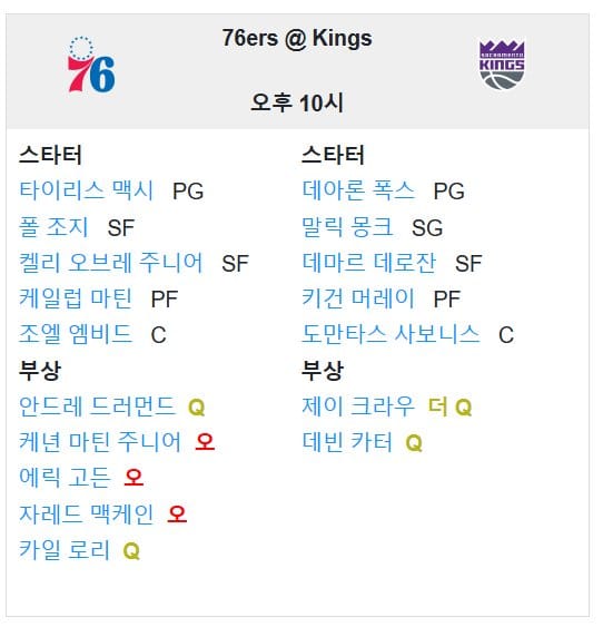 01.02(목) 12:00 NBA 새크라멘토 킹스 필라델피아 세븐티식서스 농구 골든 1 센터