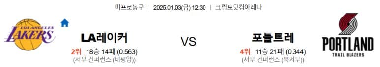 01.03(금) 12:30 NBA LA 레이커스 포틀랜드 트레일블레이저스 농구 분석