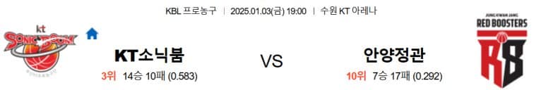 01.03(금) 19:00 KBL 수원 KT 소닉붐 안양 정관장 레드부스터스 농구 수원 KT 아레나