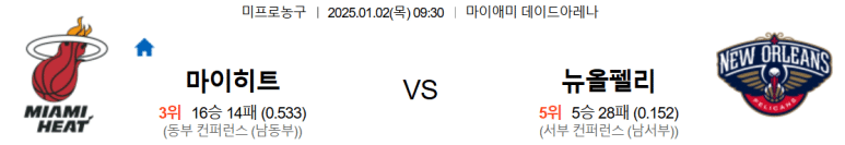 01.02(목) 09:30 NBA 마이애미 히트 뉴올리언스 펠리컨스 농구 마이애미 데이드아레나