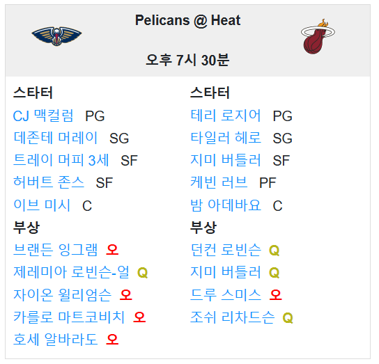 01.02(목) 09:30 NBA 마이애미 히트 뉴올리언스 펠리컨스 농구 마이애미 데이드아레나