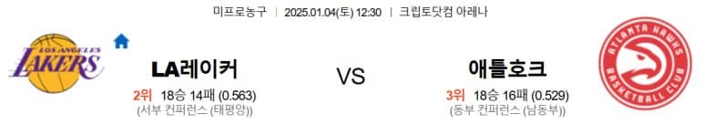 01.04(토) 12:30 NBA LA 레이커스 애틀란타 호크스 농구 크립토닷컴 아레나