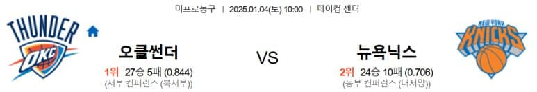 01.04(토) 10:00 NBA 오클라호마 시티 썬더 뉴욕 닉스 농구 페이컴 센터