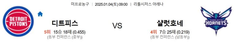 01.04(토) 09:00 NBA 디트로이트 피스톤스 샬럿 호네츠 농구 리틀시저스 아레나