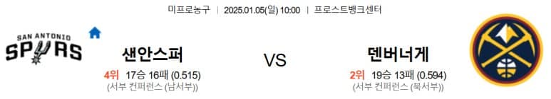 01.05(일) 10:00 NBA 샌안토니오 스퍼스 덴버 너게츠 농구 프로스트뱅크센터