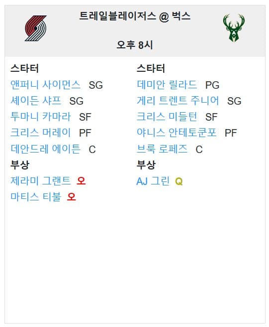 01.05(일) 10:00 NBA 밀워키 벅스 포틀랜드 트레일블레이저스 농구 파이서브포럼