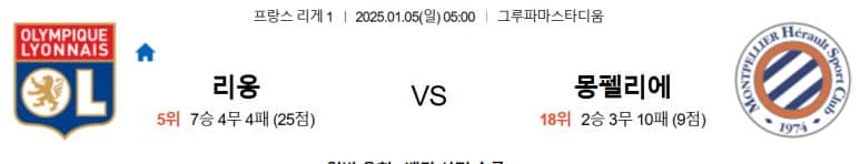 01.05(일) 05:00 프랑스 리게 1 올림피크 리옹 몽펠리에 축구 그루파마스타디움