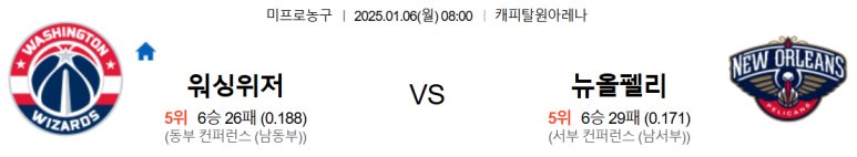 01.06(월) 08:00 NBA 워싱턴 위저즈 뉴올리언스 펠리컨스 농구 캐피탈원아레나