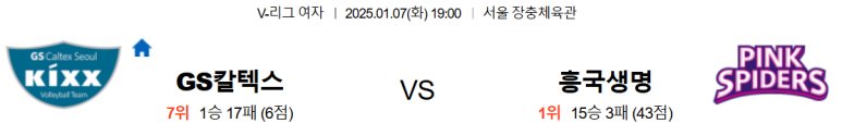 01.07(화) 19:00 KOVO여자 GS칼텍스 KIXX 흥국생명 핑크스파이더스 배구 서울 장충체육관