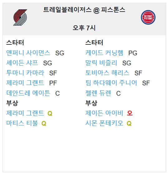 01.07(화) 09:00 NBA 디트로이트 피스톤스 포틀랜드 트레일블레이저스 농구 분석