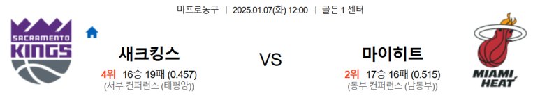 01.07(화) 12:00 NBA 새크라멘토 킹스 마이애미 히트 농구 골든 1 센터