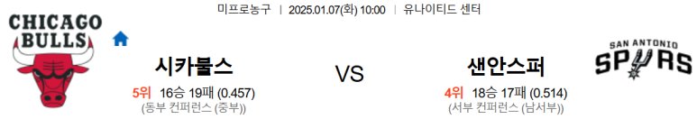 01.07(화) 10:00 NBA 시카고 불스 샌안토니오 스퍼스 농구 유나이티드 센터