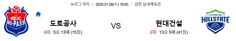 01.08(수) 19:00 KOVO여자 한국도로공사 하이패스 현대건설 힐스테이트 배구 김천 실내체육관