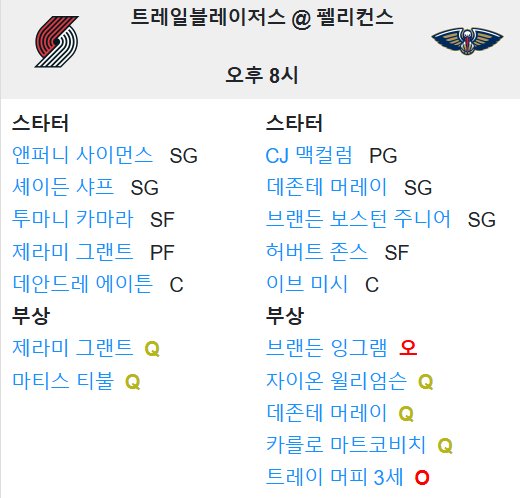 01.09(목) 10:00 NBA 뉴올리언스 펠리컨스 포틀랜드 트레일블레이저스 농구 스무디킹 센터