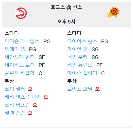 01.10(금) 11:00 NBA 피닉스 선즈 애틀란타 호크스 농구 풋프린트 센터