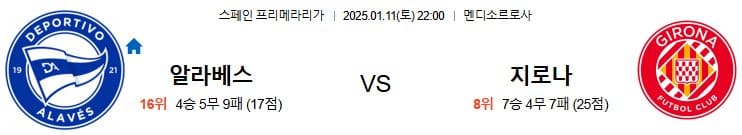 01.11(토) 22:00 프리메라리가 데포르티보 알라베스 지로나 FC 축구 멘디소르로사