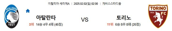 02.02(일) 02:00 세리에A 아탈란타 토리노 축구 게비스스타디움