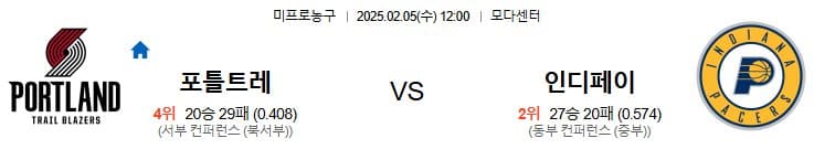 02.05(수) 12시 0분 NBA 포틀랜드 트레일블레이저스 인디애나 페이서스 농구 모다센터