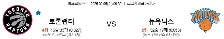 02.05(수) 9시 30분 NBA 토론토 랩터스 뉴욕 닉스 농구 스코샤뱅크아레나