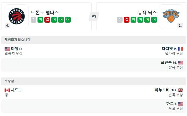 02.05(수) 9시 30분 NBA 토론토 랩터스 뉴욕 닉스 농구 스코샤뱅크아레나