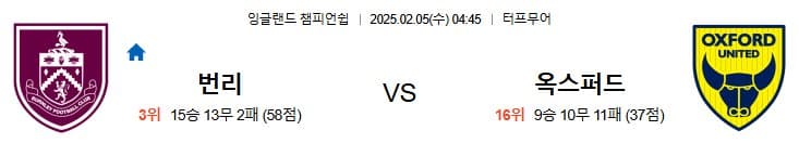 02.05(수) 4시 45분 잉글랜드챔피언쉽 번리 옥스포드 유나이티드 축구 터프무어