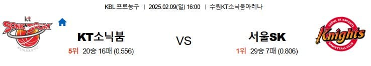 02.09(일) 16시 0분 KBL 수원 KT 소닉붐 서울 SK 나이츠 농구 수원KT소닉붐아레나