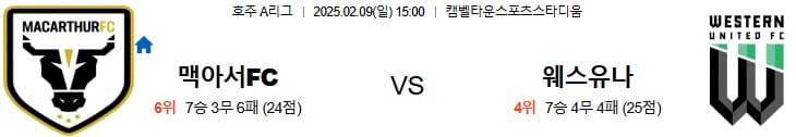 02.09(일) 15시 0분 호주 A리그 맥아서 FC 웨스턴 유나이티드 FC 축구 캠벨타운스포츠스타디움