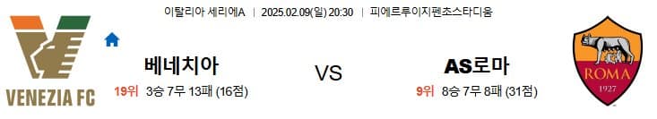 02.09(일) 20시 30분 세리에A 베네치아 FC AS 로마 축구 피에르루이지펜초스타디움